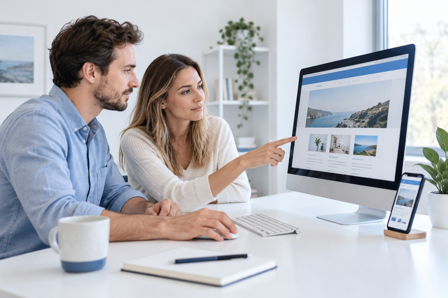 Two professionals reviewing a business website together in a bright workspace.