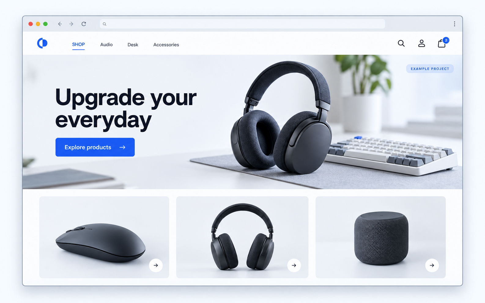 Example electronics storefront featuring headphones and desk accessories.