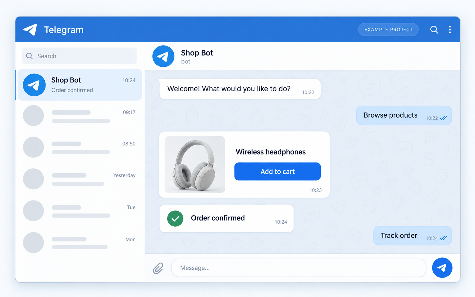 Example Telegram shopping conversation with product browsing and order confirmation.