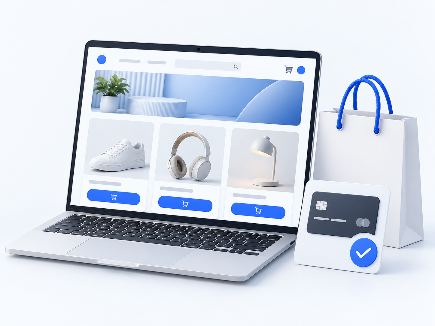 An online store on a laptop beside a shopping bag and checkout card.