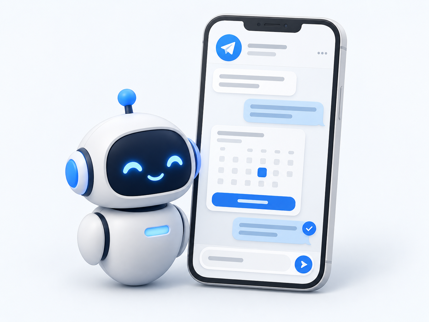 A friendly bot beside a Telegram messaging interface with booking and confirmation elements.