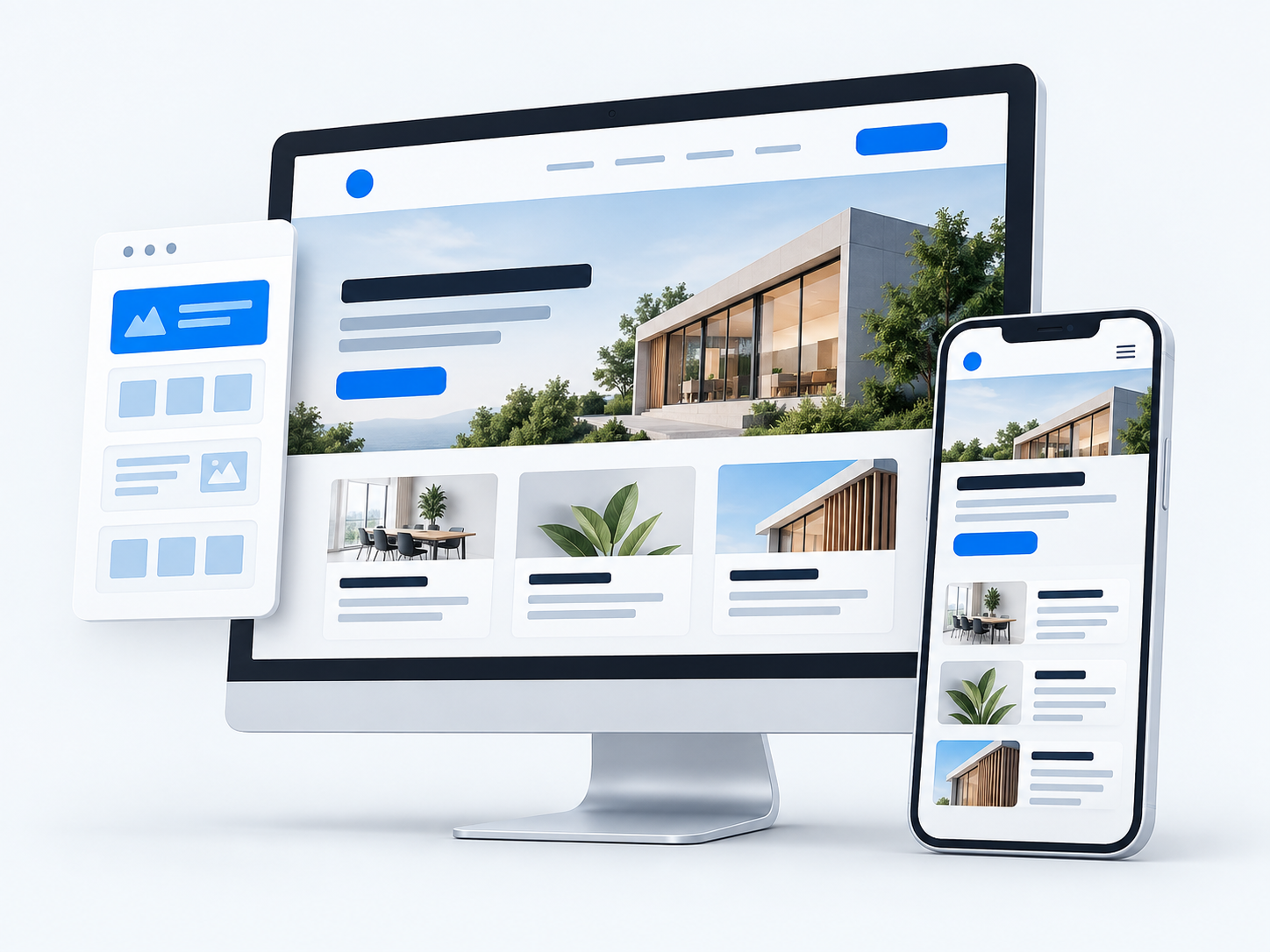 Desktop and mobile website layouts with a page-building panel.